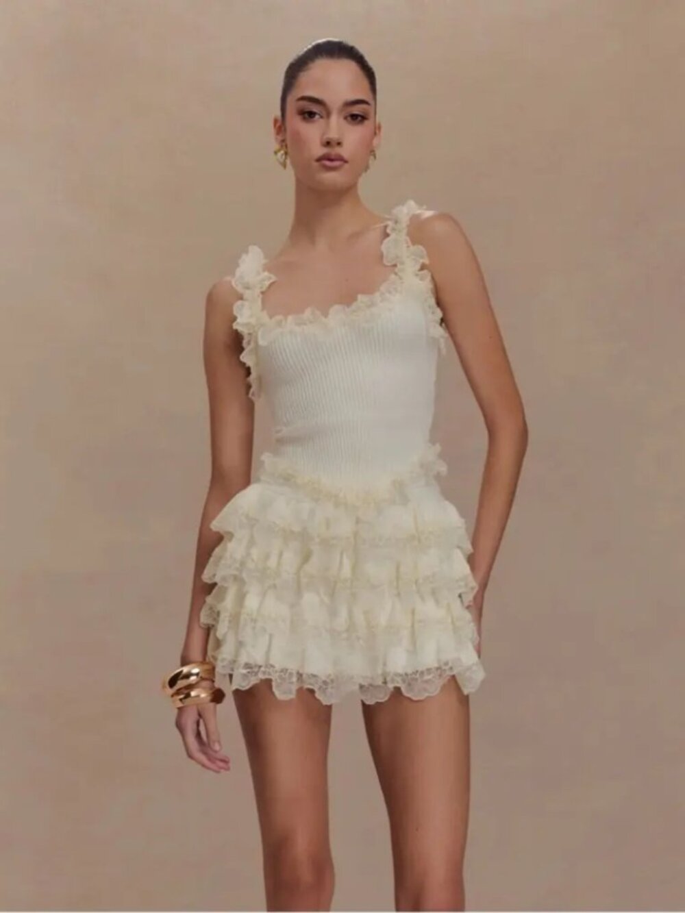 NWT Meshki Cream Lace Ruffled Set Cream Coquette Party Bachelorette Size XXS